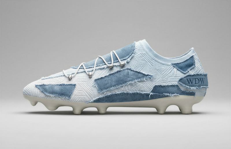 Soccer cleat in layered blue denim