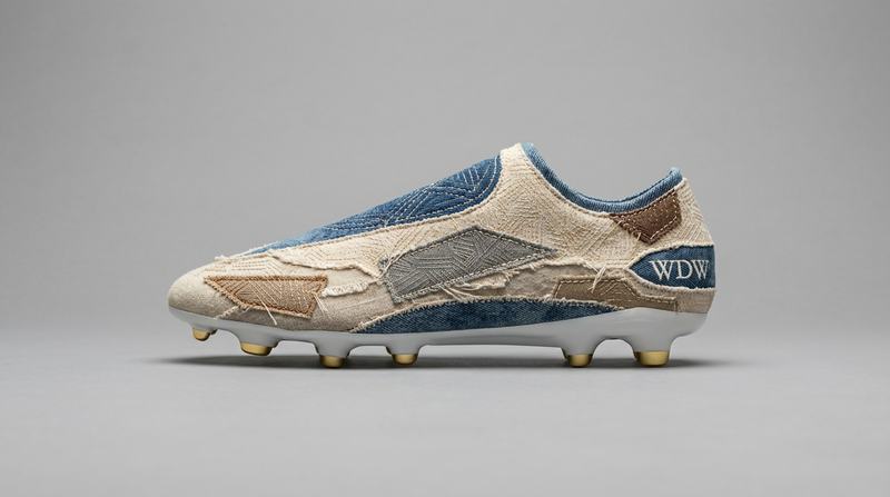 Soccer cleat in tan and denim layered fabric
