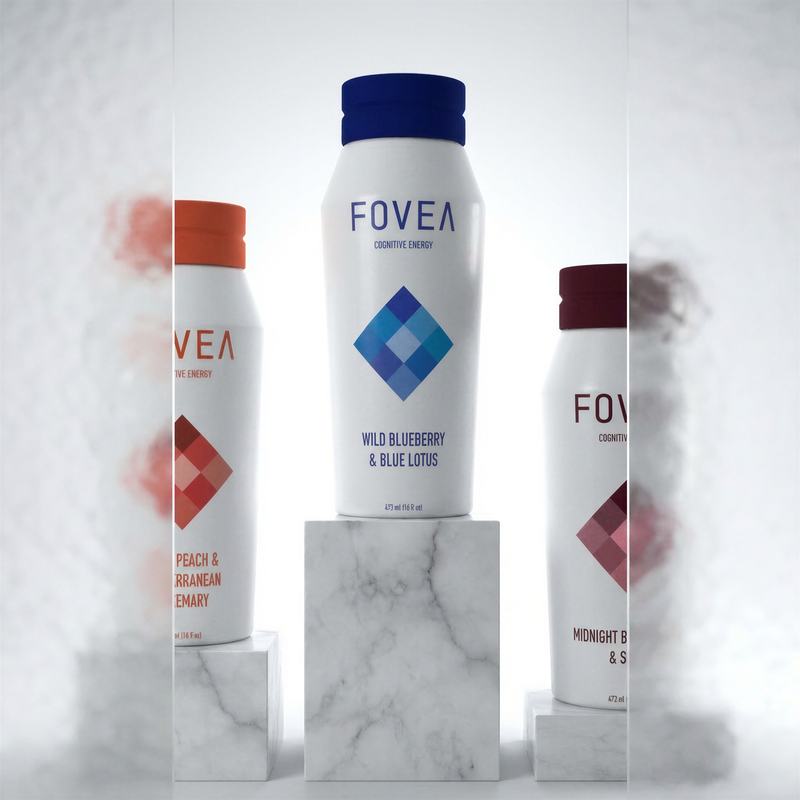 Three FOVEA bottles on marble plinths