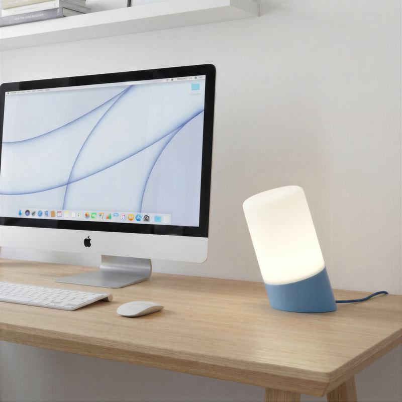 Blue and white lamp beside a desktop computer