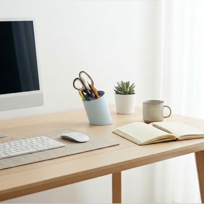 Desk organizer and lamp in a workspace